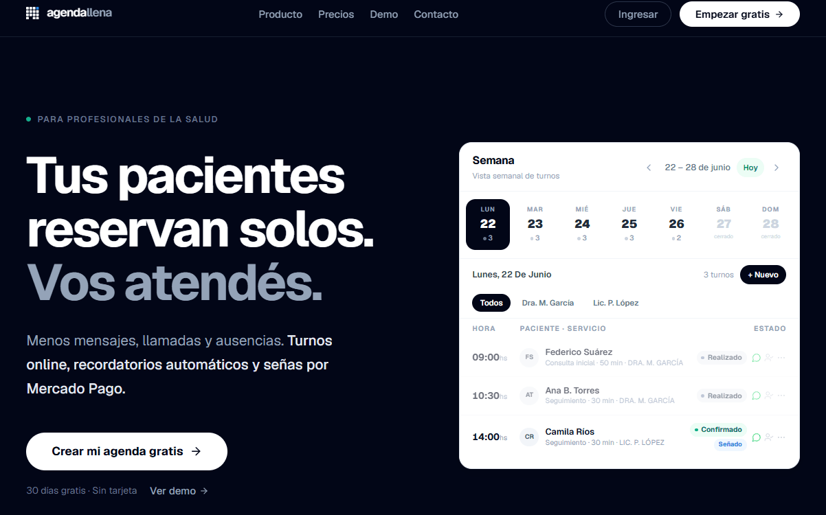 Pantalla de agendallena: agenda semanal de turnos para profesionales de la salud.